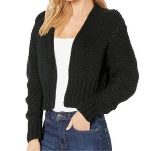 Free People Glow For It Chunky Knit Open Front Ribbed Hem Cardi in Black